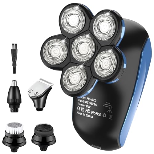 Afeitadora Eléctrica Cabeza para Hombre, Afeitadora Cabeza Calva 6D, Resistente al Agua IPX7 Afeitadora Fotante 5 en 1, Uso en Seco y Húmedo, Recargable, 100% Lavable