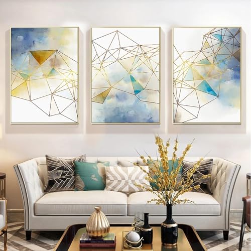 Triptyque d'art mural géométrique jaune 55x75cm avec cadre interne en bois
