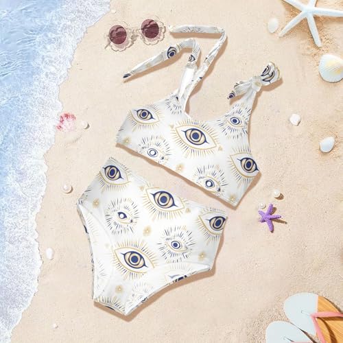 JUNZAN Evil Eye Magic Occult White Girls Swimsuit High Waisted 2 Piece Swimwear Toddler Girls Swimming Tankini 3T4