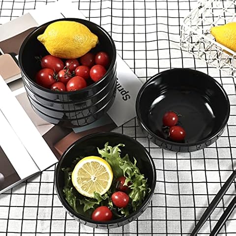 MARJOY Melamine Bowls Set - 14oz Dinner Bowls Set for Family Everyday Use, Unbreakable, Set of 6, Black Cover