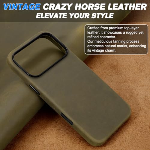 Image of SHIELDON Genuine Leather Case for iPhone 17 Pro Max 6.9 inch, Crazy Horse Khaki | Crazy Horse Leather, for MagSafe, Magnetic Wireless Charging, Metal Buttons, Camera Button, Camera Bezel, Shockproof, Slim
