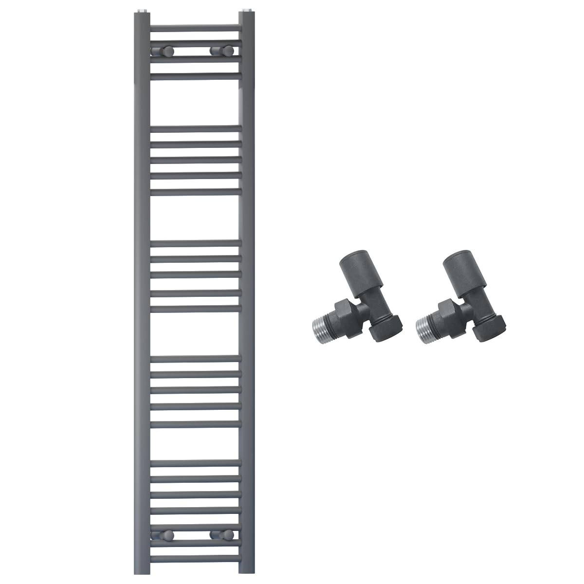 400mm Wide Straight Anthracite Grey Heated Bathroom Towel Rail Radiator with Angled Valves for Central Heating UK 400 x 1400 mm (h) 591 Watt