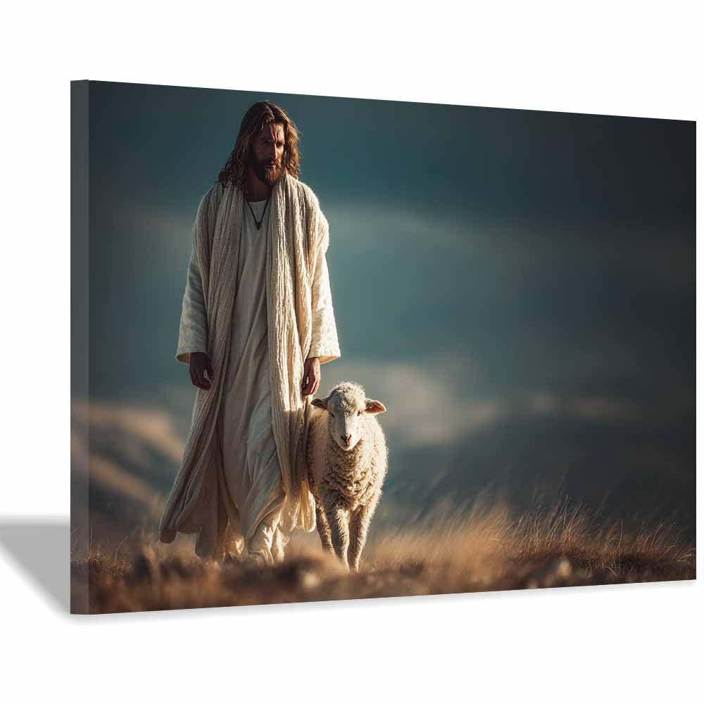 ZAMAEIU Jesus Picture Poster Accompanying thes lamb Christ Canvas Painting Wall Art Print,for Living Room,bedroom Apartment office corridor Decor(blue0)-80x120cm Framed