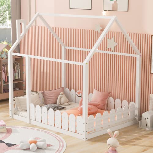 Harper & Bright Designs Full Size Kids Floor House Bed with Fence and Roof, Solid Wood Low Montessori Bed Frame for Boys Girls, Saving Space, White