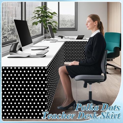 Image of 6FT Black Base White Polka Dots Table Skirt Teacher Desk Skirt for Black and White Classroom Decor Rectangle Table Cover for Back to School Party Supplies Kindergarten Office Dorm Bookcase Cabinet