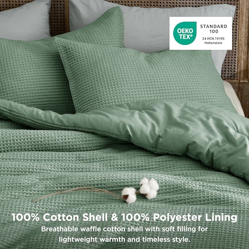 Image of Bedsure Waffle Comforter Set King, Green Soft Bedding, Waffle Weave Bed Set, 3 Pieces, 1 Comforter (104 inchx90 inch) and 2 Pillow Shams, Cotton Shell and Polyester Lining for All Seasons