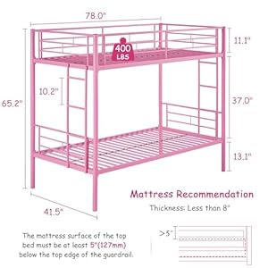 VECELO Twin Over Twin Bunk Bed with Built-in Ladder and Safety Guardrail, Heavy Duty Metal Bunkbeds, Space Saving, No Box Spring, Pink VECELO Twin Over Twin Bunk Bed with Built in Ladder and Safety Guardrail Heavy Duty Metal Bunkbeds Space Saving No Box Spring Pink
