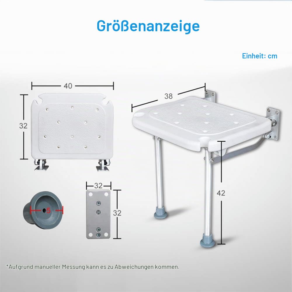 Duschklappsitz Für Wandmontage, Weytoll Duschstuh mit Stützfüßen, Duschhocker Mit rutschfesten Füßen, mehreren Ablauflöchern, für Senioren Weiß, Hält bis zu 440 lbs, 40*32*42cm
