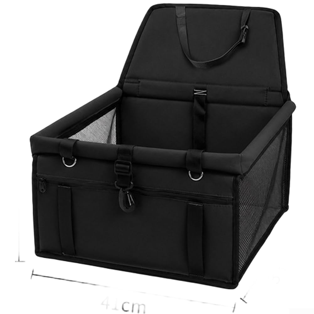 Funda plegable para asiento de coche para perro con ventilación de malla transpirable, tela Oxford impermeable y bolsillo frontal de almacenamiento para viajes (negro)