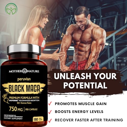Image of MNO Organic Raw Black Maca 750mg + BioPerine, Energy & Performance, 180ct | Organic Peruvian maca supplement for men with high potency energy, mood & performance support, vegan and non-GMO formula