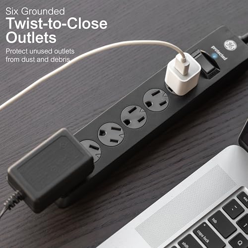 GE Surge Protector Power Strip, 6 Ft Extension Cord, 6 Outlet Extender, 800 Joules, Flat Plug, Twist-to-Close Safety Covers, ETL Listed, Black, 33661