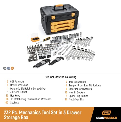 Image of GEARWRENCH Mechanics Tool Set in 3 Drawer Storage Box, 232 Piece