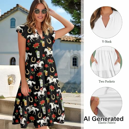 Image of Womens Summer Dress Ruffle Sleeve V Neck Dress Casual Fit Flowy Beach Vacation Sundress with Pocket S-2XL