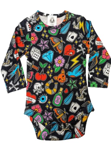Baby Moo's Tattoo Baby Grow | Unisex Cool Traditional Flash Tattoo Long Sleeve Bodysuit - Alternative Rock n Roll Infant Gift UK (6-12 months)