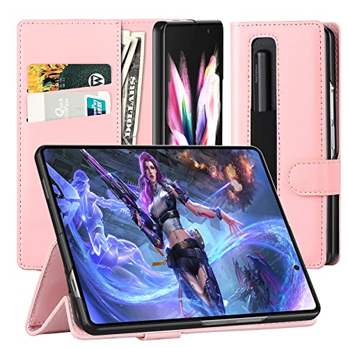 DDJ Étui portefeuille pour Galaxy Z Fold 3 5G avec porte-stylo en S, fente pour cartes, boucle magnétique, résistant aux chocs, coque de protection pliable pour Samsung Galaxy Z Fold 3 (rose) Cover