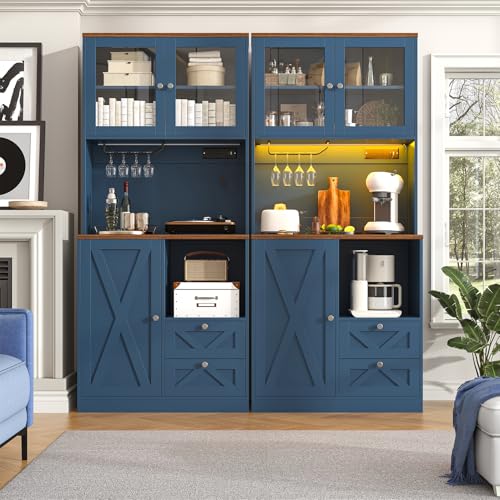 Image of 71 inch Tall Coffee Bar Cabinet with Storage Hutch, Farmhouse Kitchen Pantry Cabinet with LED Lights Microwave Stand and Glass Holder for Home Dining Room Kitchen (Blue)
