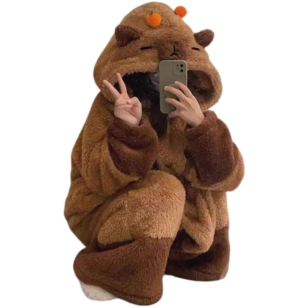 Pyjama Capibara Mignon, Chemise De Nuit en Polaire Corail d'hiver, Chaude avec Clips Orange, Vêtements De Nuit