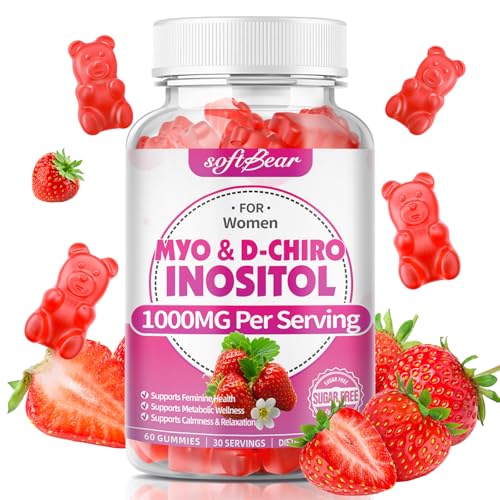 softbear Inositol Supplement for Women Myo-Inositol & D-Chiro Inositol Gummies 1000mg with Vitamin D3 for POCS Support & Female Wellness Sugar-Free/Veagn/GMO-Free Strawberry Flavor 60 Count