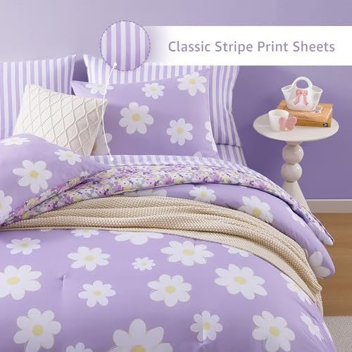 Image of Twin XL Comforter Set for Girls Purple Daisy 5 Pieces Bed in a Bag