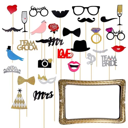 DIY Photocall Props Acessórios, 31 peças acessórios Photocall casamento foto Props Fotomaton+1 peça moldura de fotos insuflável, sessão de fotos de casamento para festa, casamento, aniversário