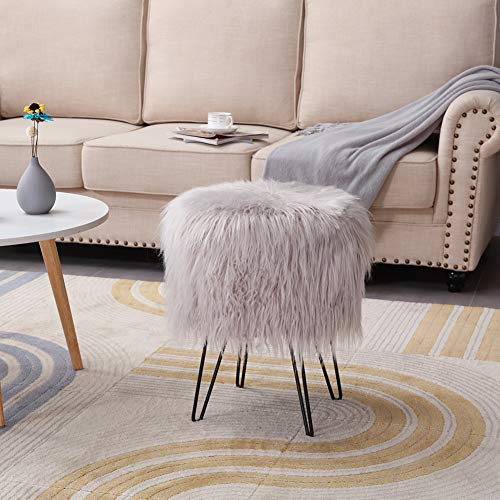 Mxfurhawa Grey Modern Faux Fur Vanity Stool Ottoman, Anti Scratch Golden Metal Legs, Side Table Seat for Living Room, Bedroom and Kids Room Chairs, Decorative Furniture Foot Rest (Silver Grey)