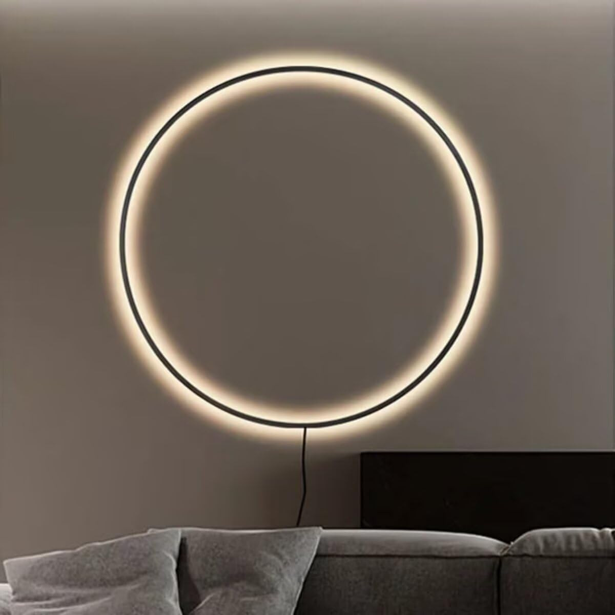 AstrizLamp Circle Wall Light 80cm Black Minimalist Round Wall Lamp Large Indoor Indirect Light Dimmable USB Living Room LED Ring Wall Lights with Plug, for Shop Office Cafe Hallway Study Room