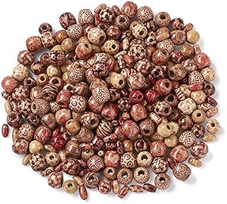 NewZC 420pcs Printed Natural Wooden Beads Set Mixed Shapes and Sizes Loose Spacer Beads with Holes for Jewelry Making DIY Necklace Bracelet Dream Catcher Hair and Moustache Decoration