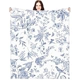 Mindsoft Blue White Flower Blanket Butterfly Soft Throw Blanket Country French 60'x50' Blanket Washable for Spring Summer Fall Party
