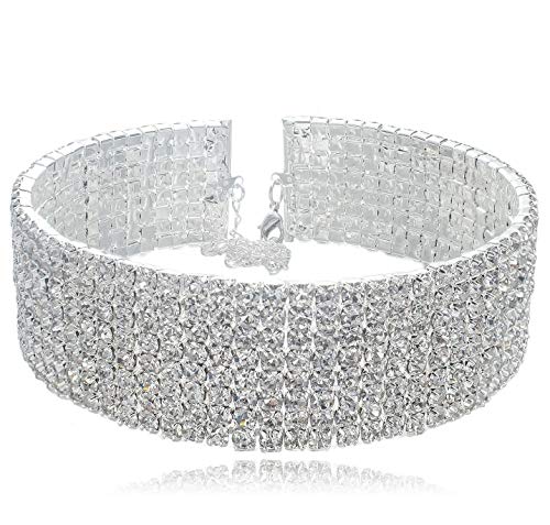 8-row Eight Rows Clear White Austrian Rhinestone Crystal Choker Necklace Collar Dance Party Wedding N077s Silver
