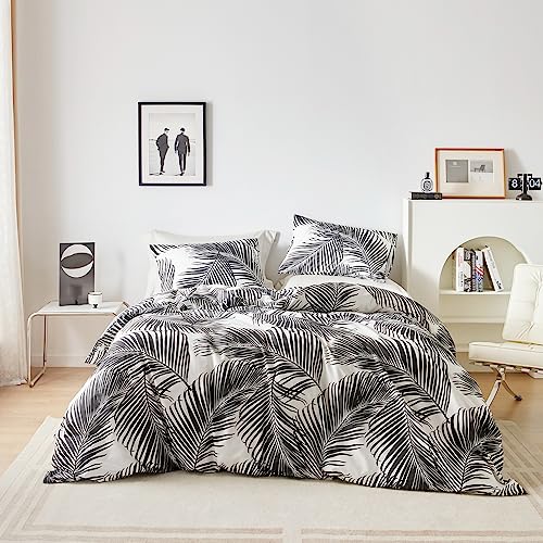 Yuheguoji YHGJ20230616K913Z Tropical Plant Duvet Cover Queen 100% Cotton Black Botanical Duvet Cover 3 Pcs Set 1 White Hawaiian Leaves Duvet Cover With Zipper Ties 2 Pillowcases Coastal Palm Bedding Set Soft thumb #1
