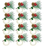 WINGFISH Christmas Napkin Rings Set of 12 Snowy Pine Cone Poinsettia Red Berry Wooden Napkin Rings Christmas Napkin Holders Decor for Xmas Holiday Party Gathering Dinner