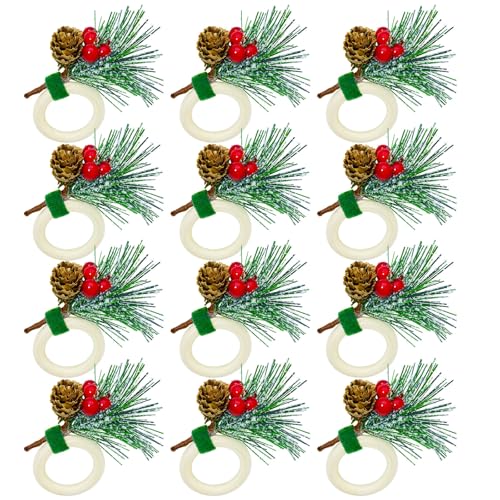 WINGFISH Christmas Napkin Rings Set of 12 Snowy Pine Cone Poinsettia Red Berry Wooden Napkin Rings Christmas Napkin Holders Decor for Xmas Holiday Party Gathering Dinner
