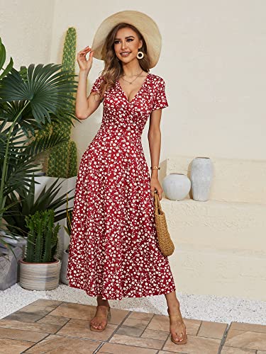 Image of HUHOT Women's Short Sleeve Wrap V Neck Dresses for Wedding Guest Summer Floral Maxi Sundresses with Pockets Boho Dress