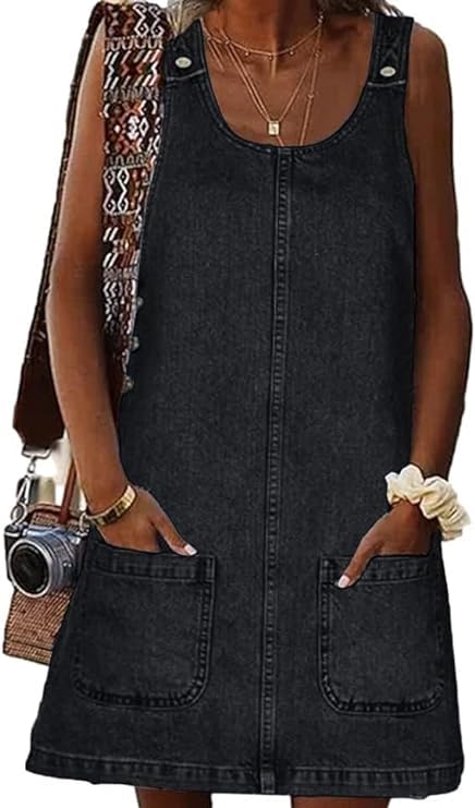Image of Overall Dress for Women Denim Dress Denim Overall Round Neck Skirtall Jean Dress Denim Jumper Dress Pinafore