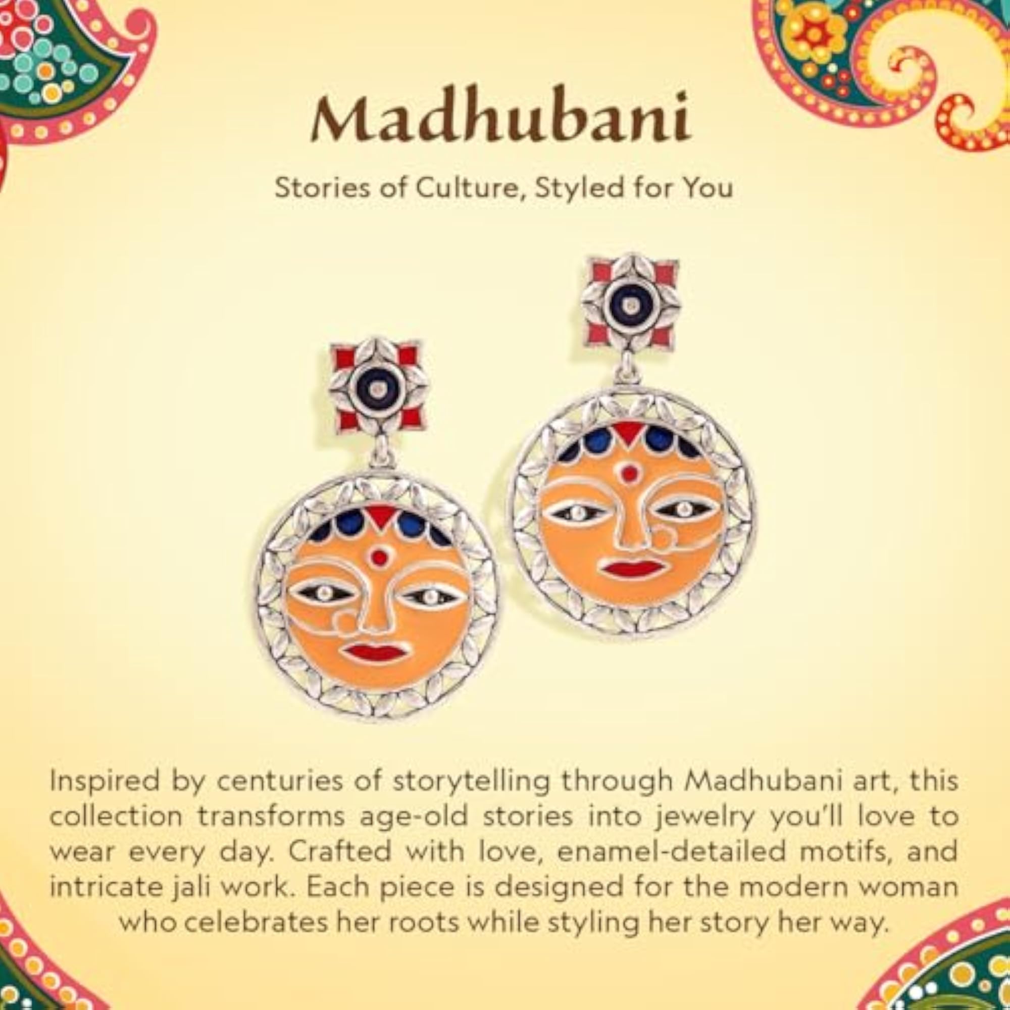 Madhubani Peacock Pratha Oxidised Enamel Earrings for Women