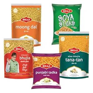 Bikaji Snacks Combo – SOYA STICKS & BHUJIA & TANA-TAN (Aloo Bhujia) & Moong Dal & PUNJABI TADKA | 5 Pack Variety | Bar Snacks, Party Mix & Tea-Time Treats – 1 Kg