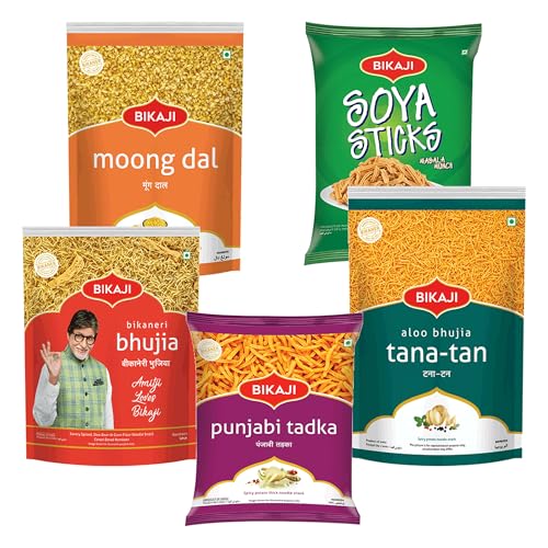 Bikaji Snacks Combo – SOYA STICKS & BHUJIA & TANA-TAN (Aloo Bhujia) & Moong Dal & PUNJABI TADKA | 5 Pack Variety | Bar Snacks, Party Mix & Tea-Time Treats – 1 Kg