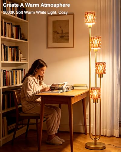 Image of Lightdot 4-Lights Glass Floor Lamp Dimmable Gold Floor Lamps with Deep Red Glass Shade 3000K Bulbs Included Unique Modern Standing Tall Lamp with 5Lbs Heavy Base for Living Room /Bedroom /Sofa Beside