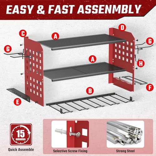 Image of SUNALLY Power Tool Organizer, Heavy Duty Wall Mount Tool Organizer 3 Layers with 4 Drill Holders, Garage Tools Storage Rack with 2 Side Pegboards and Hooks for Workshop, Shed, Red