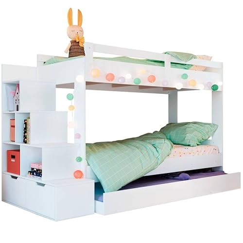 Miroytengo Litera para 3 Niños, Litera Juvenil con Cama Nido Mika, Estantería y 2 Cajones Color Blanco 80x190 cm