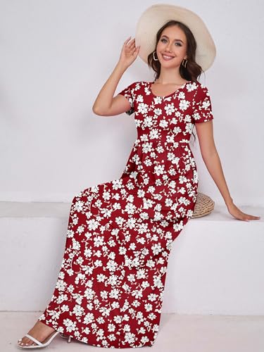 Image of DEARCASE Maxi Dress for Women Short Sleeve Casual Summer Loose Plain Comfy Long Dresses with Pockets