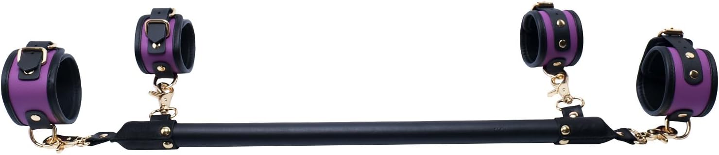 Spreader Bar Wooden Black PU Bar Home Gym with 4pcs PU Leather Purple Adjustable Straps,Sports Aid Training Fitness Gear Pilates Aid Kit,Indoor Yoga Set