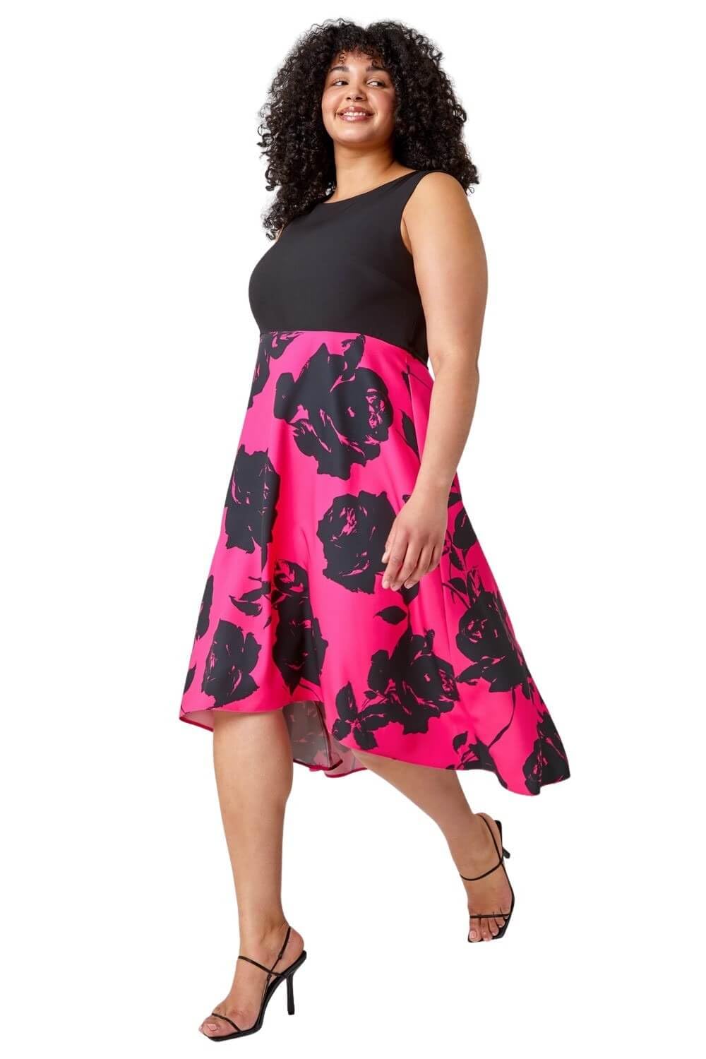 Roman Originals Women's Pink Roman Curve Premium Stretch Floral Midi Dress For Uk - Everyday Holiday Spring Summer Round Neckline Comfy Soft Evening Vacation Work Party - Size 18