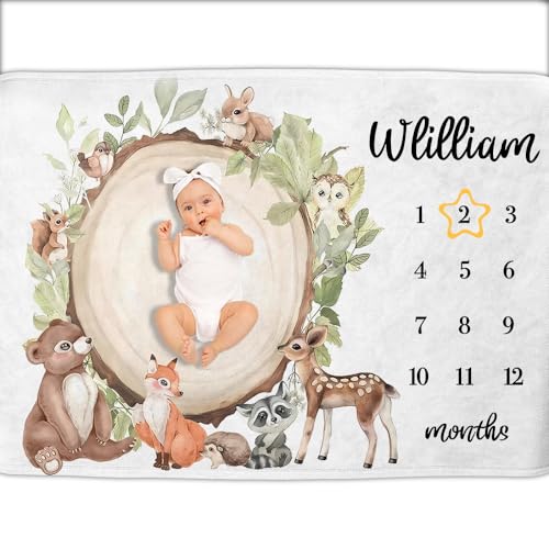 Image of OLIVE OLIVIA Personalized Custom Baby Milestone Blanket, 60 inchx80 inch, White, Flannel, Throw Blanket, Customized Name, Monthly Milestone Photos, Toddler, Deer, Animals, Warm, Unisex