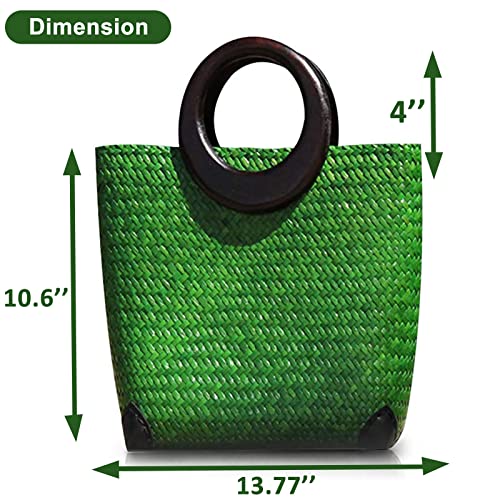 Image of Hand-woven Womens Straw Large Boho Handbag Bag for Women, Summer Beach Rattan Tote Travel Bag with Wood Round Top Handle (Green)