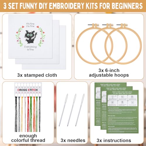 Image of Daifunli 3 Sets Funny DIY Embroidery Kits for Beginners Adults, Stamped Handmade Cross Stitch Starter with Animal It's Fine Patterns Needlepoint Kit with 3 Embroidery Hoop, Color Threads, Tools