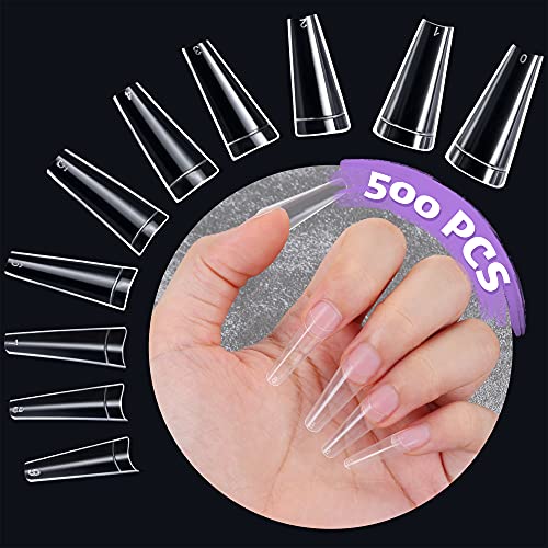 500 Pcs Fake Nail Tips, Idemeet Ballerina Fake Nail Tips, Coffin Shape Half Cover Nail Tips with Individual Package, Clear False Nails Artificial Nails for Press on Nail Salon DIY 10 Sizes