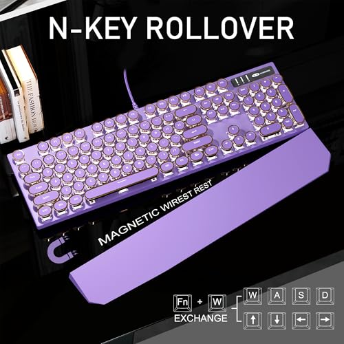 Image of MageGee Typewriter Mechanical Gaming Keyboard, Retro Punk Purple Round Keycaps, 104 Keys LED White Backlit Wired Keyboards for Laptop MAC PC Gamer, with Magnetic Wrist Rest, Blue Switch