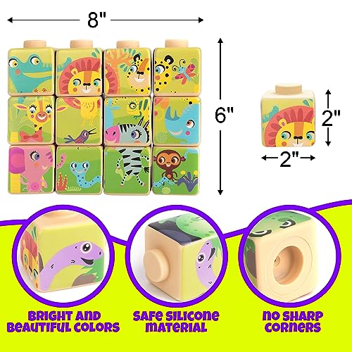 Image of ArtCreativity Silicone Picture Puzzle Blocks for Kids, 12 Stacking Baby Blocks with Four Different Pictures Printed on The Sides, 2 inch Soft Toy Building Blocks for Toddlers
