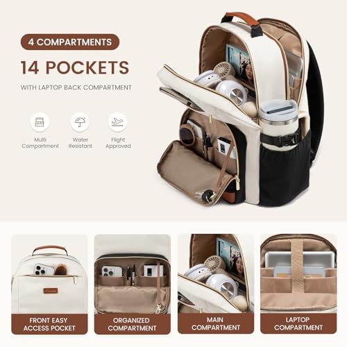 LOVEVOOK Laptop Backpack for Women with Pouch Pocket for Large Capacity Cup,15.6 Inch Laptop Computer Bag Travel Backpack Purse,Waterproof Work Business Backpack College Teacher Bags,Beige-Black-Brown — view 2